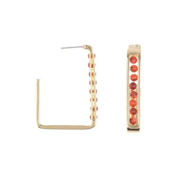 Vince Camuto Fiery Coral Semi-Precious Bead Stones Open Square Hoop Earrings - Picture 5 of 5